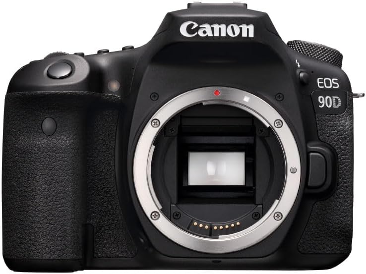 Front view of a Canon EOS 90D digital camera featuring a lens mount and control buttons.