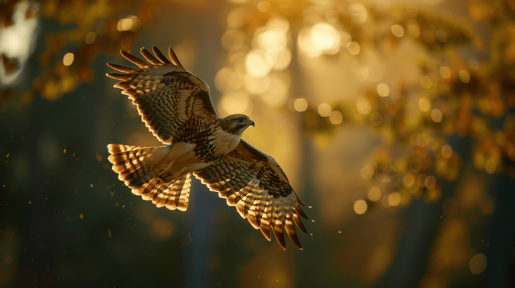 hawk in flight during golden hour, amazing sample image of great bird photography