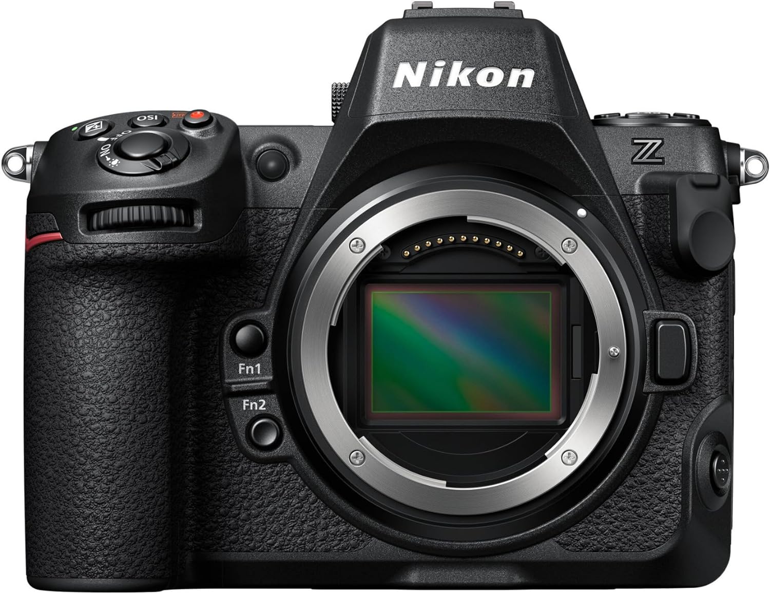 Front view of the Nikon Z8 camera with detailed controls and sensor mount, showcasing its professional design for high-quality photography.