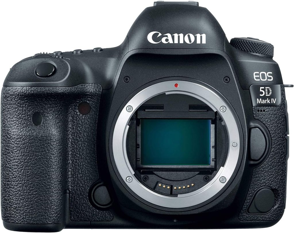 Front view of a Canon EOS 5D Mark IV DSLR camera showing the camera body, lens mount, and controls.