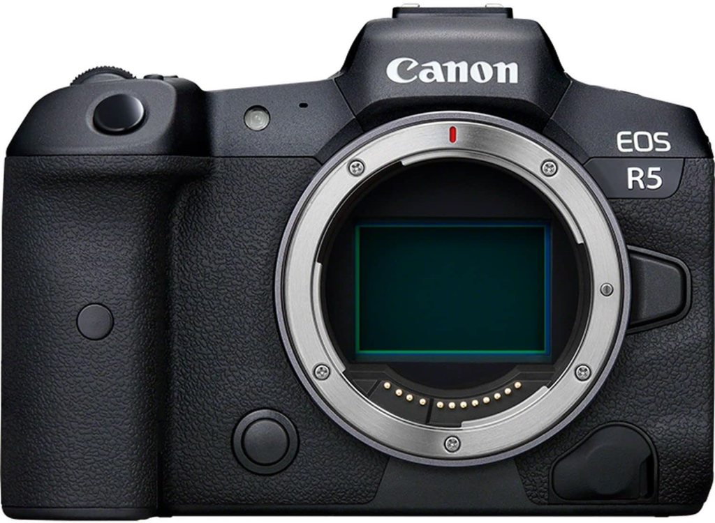 Front view of the Canon EOS R5 camera showing the lens mount and controls.