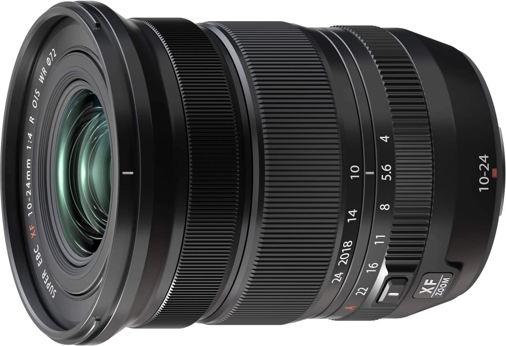 Fujifilm XF 10-24mm f4 R OIS WR wide-angle zoom lens, showcasing its sleek design and lens markings.