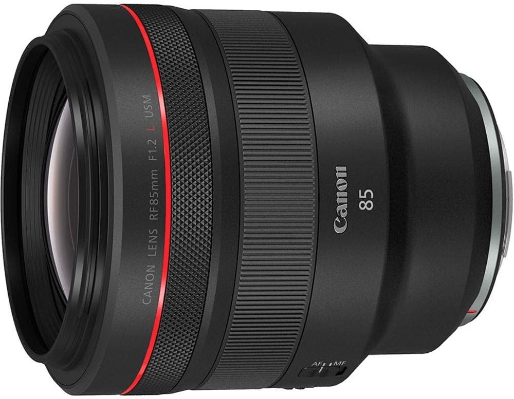 Canon RF 85mm F1.2 L USM lens with a black body and red accent, featuring a textured grip and focus switch.
