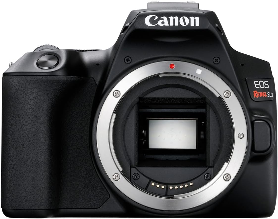 Front view of a Canon EOS Rebel SL3 camera showing the lens mount and camera controls.