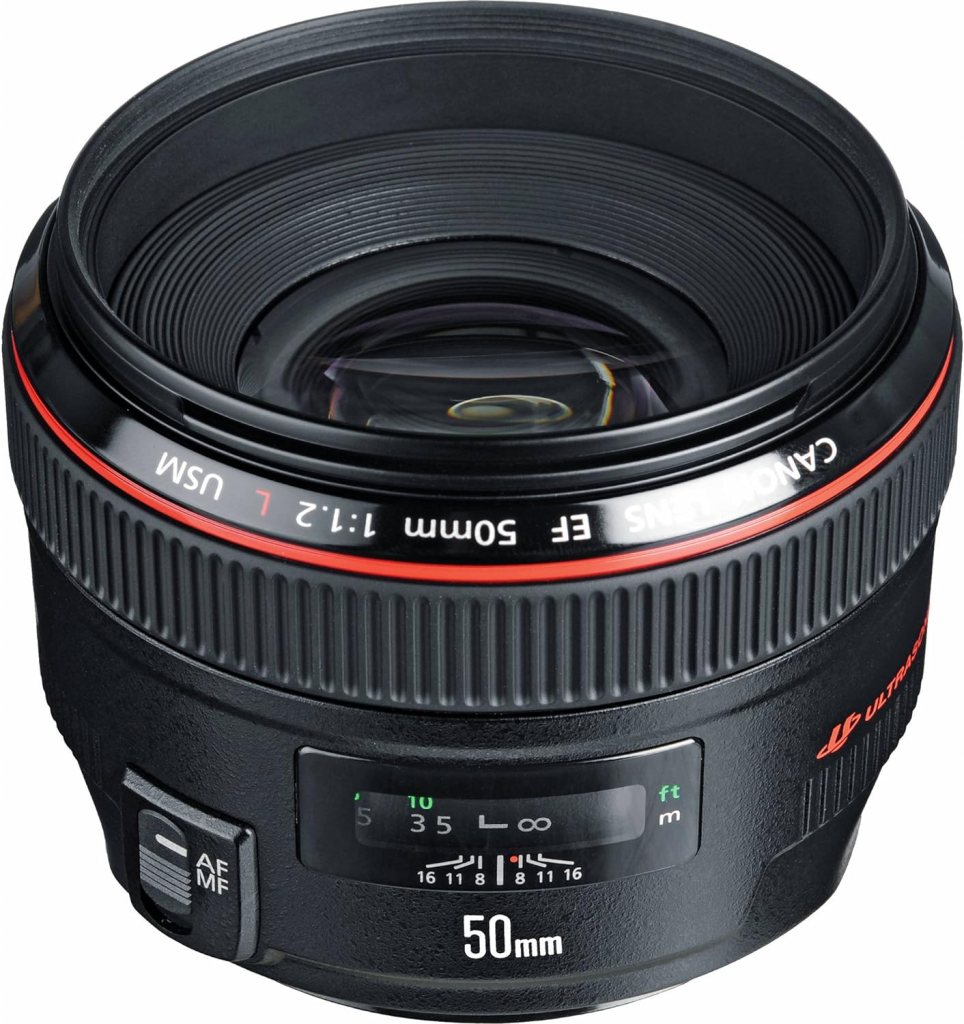 Canon EF 50mm f/1.2L USM lens with a black body and red accents, displaying the front element.