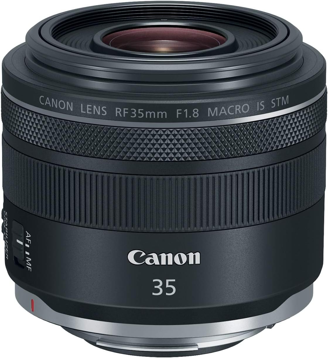Canon RF 35mm f/1.8 Macro IS STM lens with a sleek black design and labelled sections.