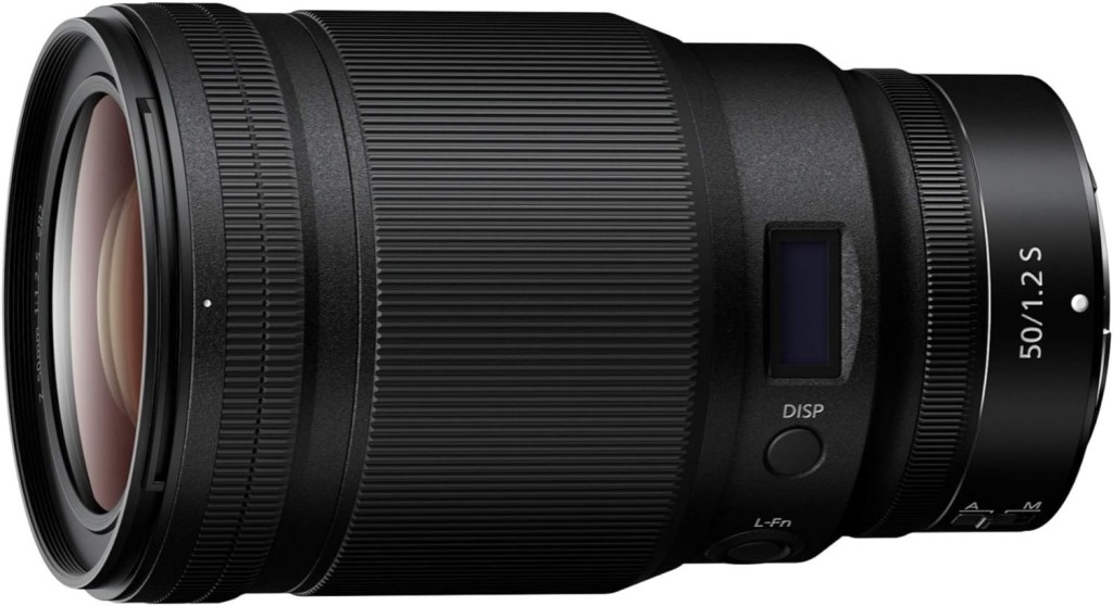 A high-quality camera lens with a black finish, featuring a textured grip, a focus ring, and control buttons.