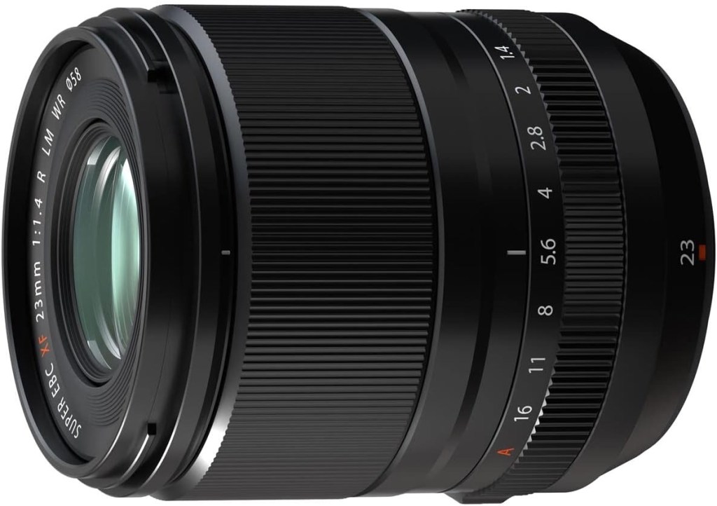 A close-up image of a black camera lens with a textured grip, showing aperture settings and branding details.