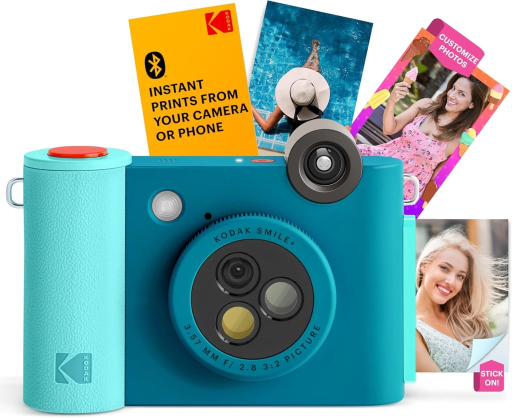 A Kodak Smile+ instant camera in turquoise, surrounded by printed photos and a card highlighting Bluetooth connectivity for instant printing from a camera or phone.