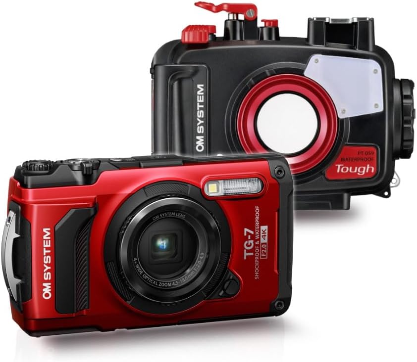 Red Olympus Tough TG-7 camera with a waterproof housing, designed for outdoor and underwater photography.