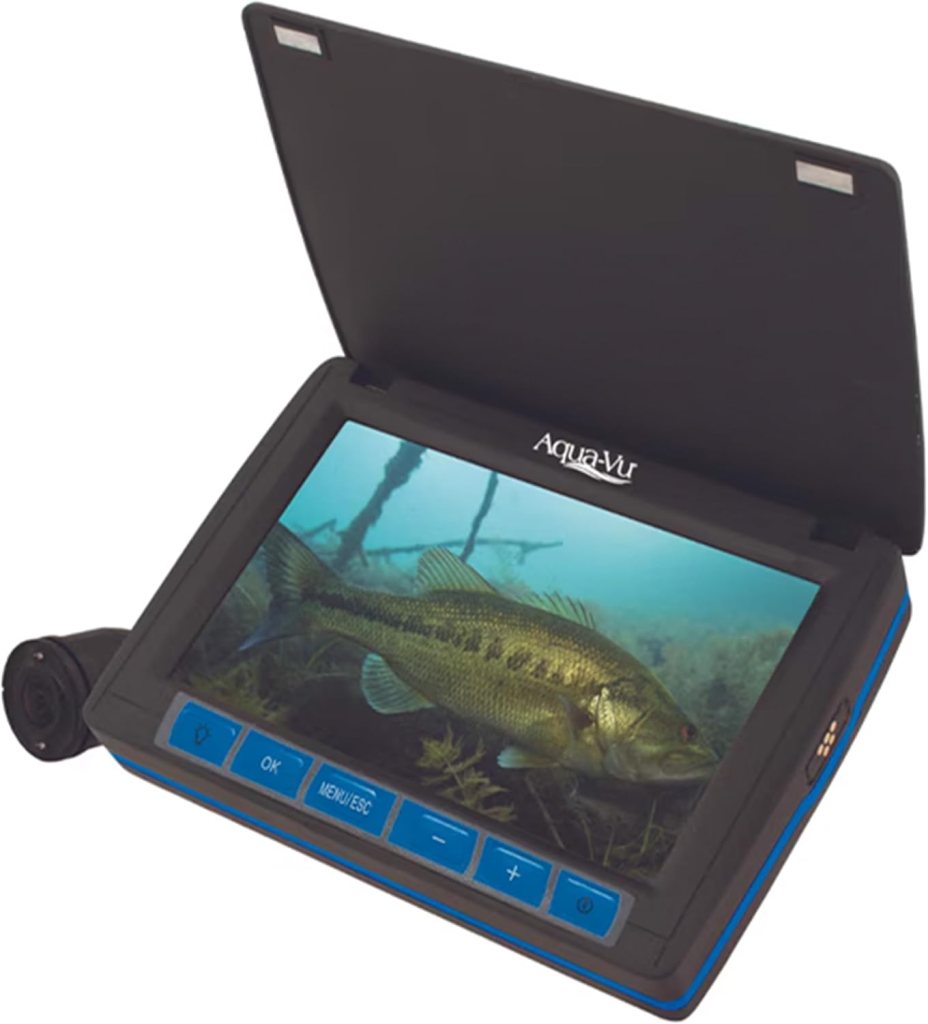 An Aqua-Vu underwater camera displaying a fish swimming in a natural underwater environment.