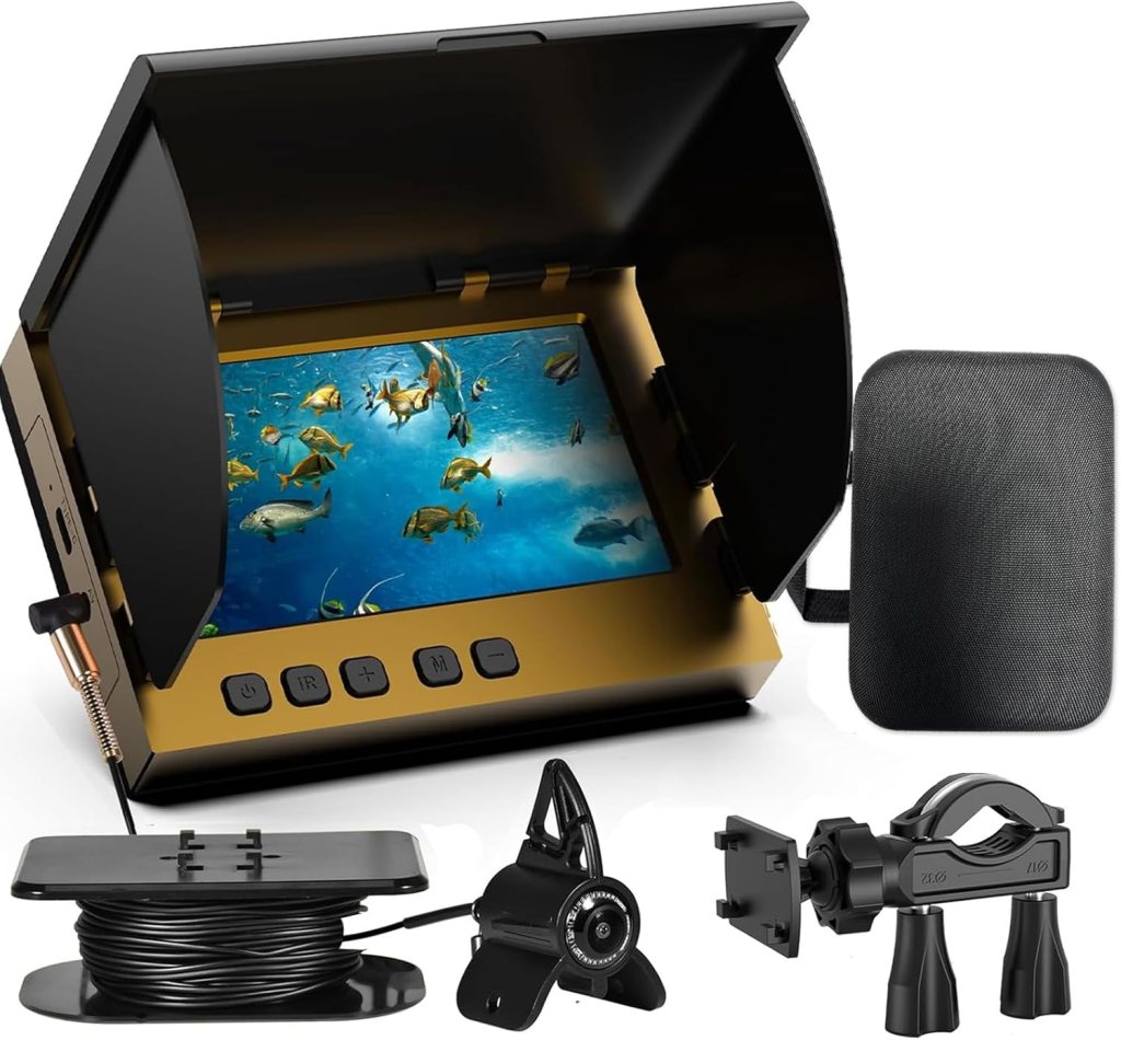An underwater fishing camera with a 7-inch LCD display, showing colorful underwater visuals, alongside a camera module, a reel for cable management, and accessories.