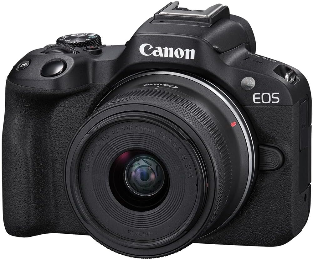 Canon EOS R50 camera with 18-45mm lens, showcasing a friendly design suitable for beginner photographers.