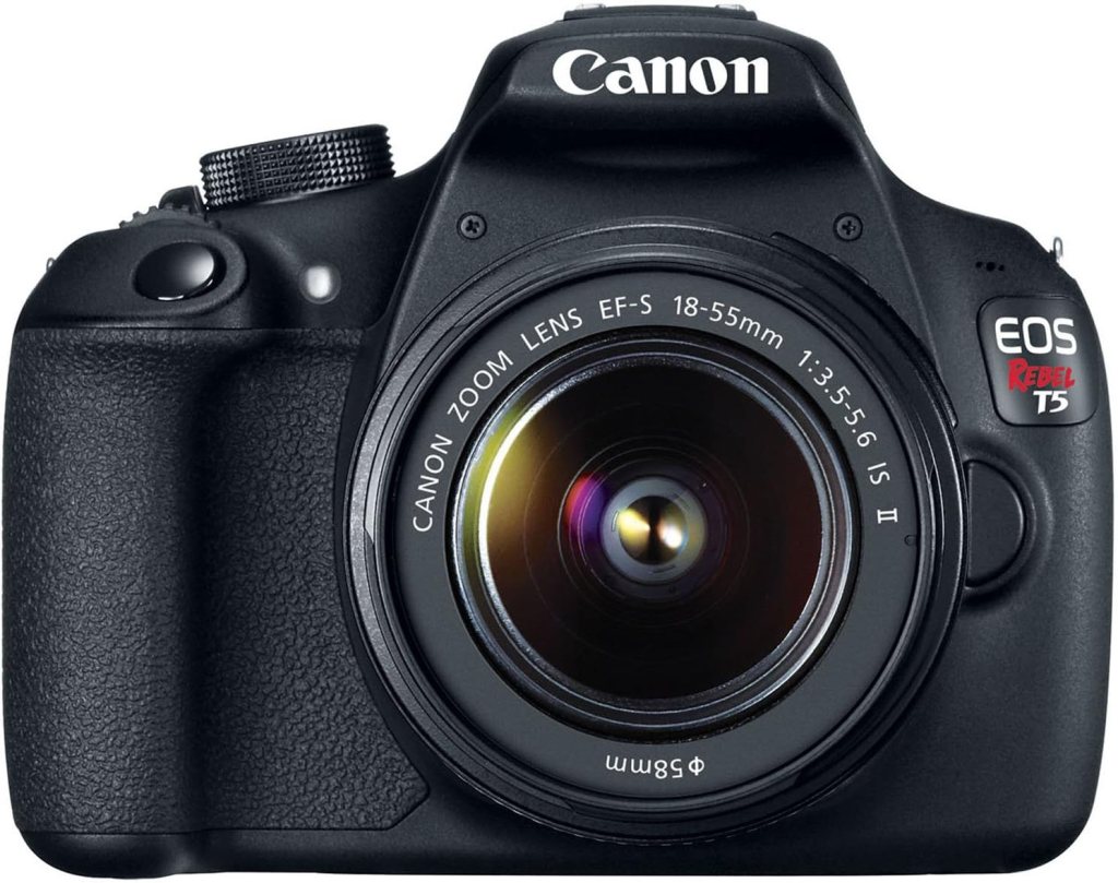 Front view of a Canon EOS Rebel T5 DSLR camera with an 18-55mm kit lens.