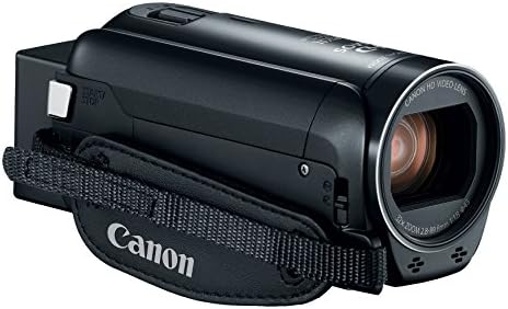 Compact Canon camcorder with a grip strap, designed for easy handling and point-and-shoot recording.