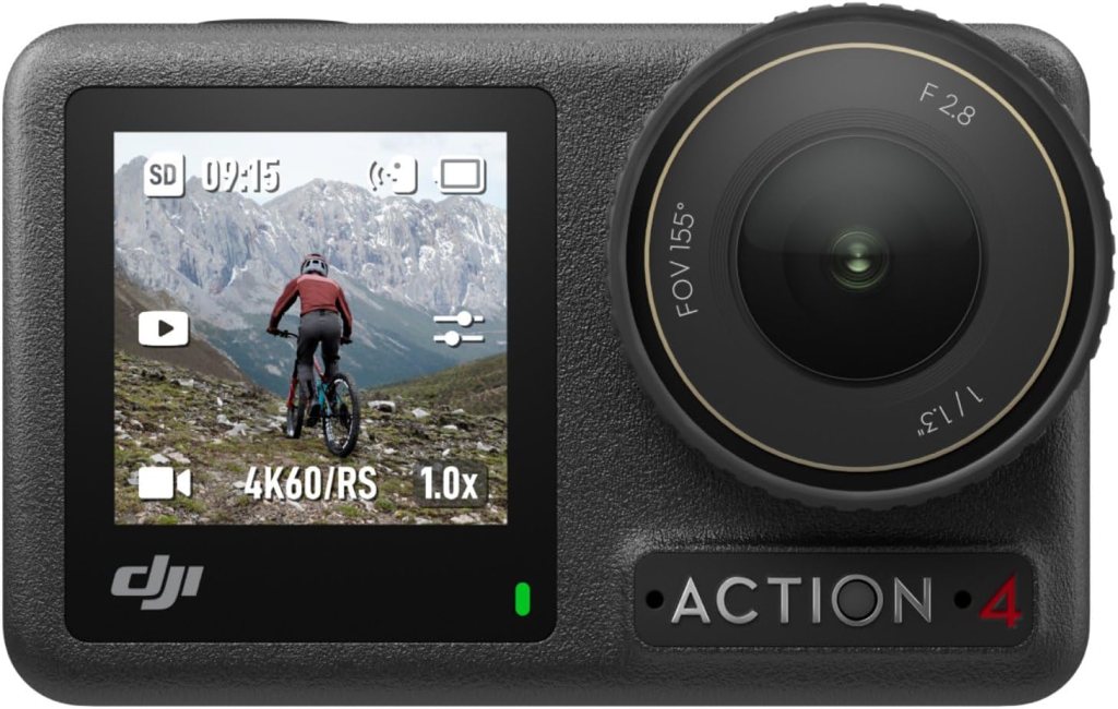 DJI Osmo Action 4 camera showing the display screen with settings and a rider in a mountainous landscape.
