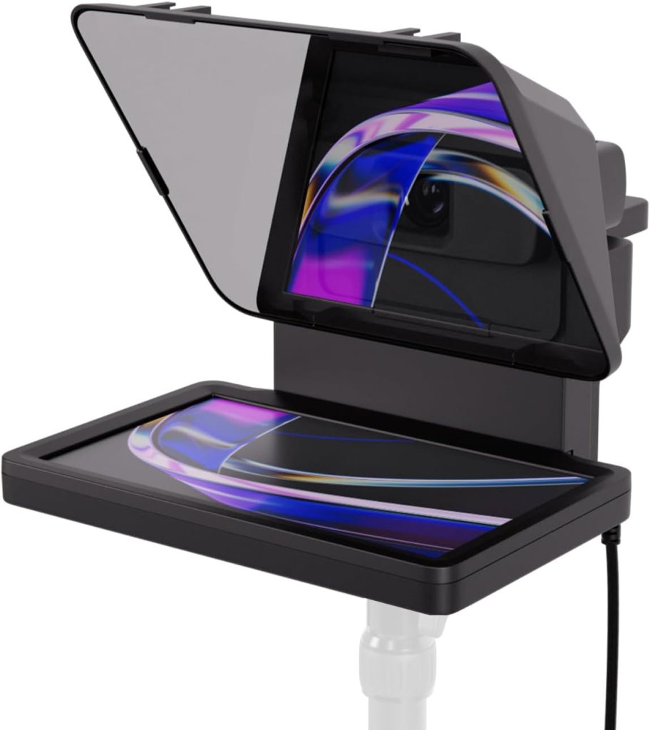 A teleprompter with a transparent reflective glass top and a display screen mounted below, designed for use with cameras.