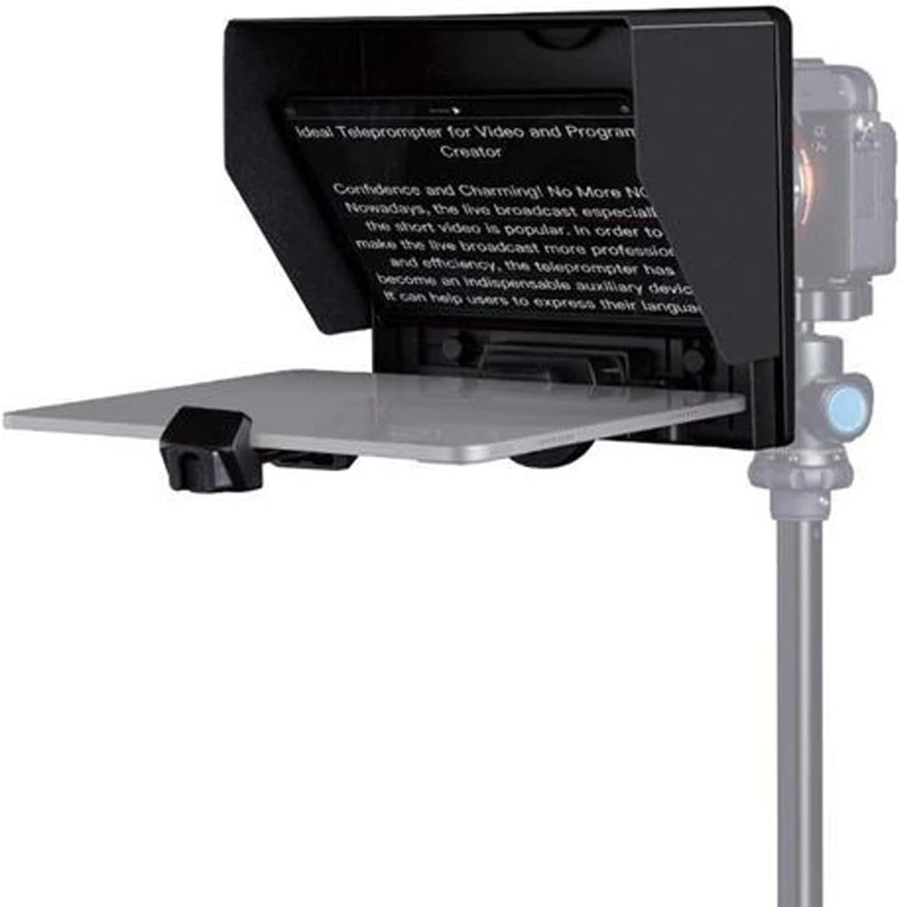 A teleprompter designed for video and programming creators, featuring a reflective glass surface and adjustable mounting plate.