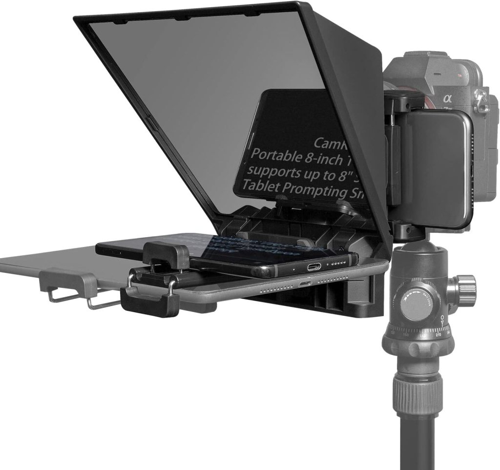 A compact teleprompter setup featuring an adjustable beam-splitter glass, supporting an 8-inch tablet or smartphone, mounted on a camera tripod.