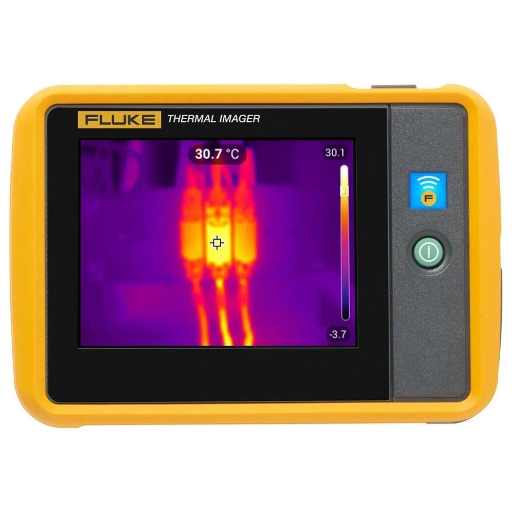 Fluke thermal imager displaying a thermal image with temperature readings on the screen, showcasing its use for inspecting electrical components.