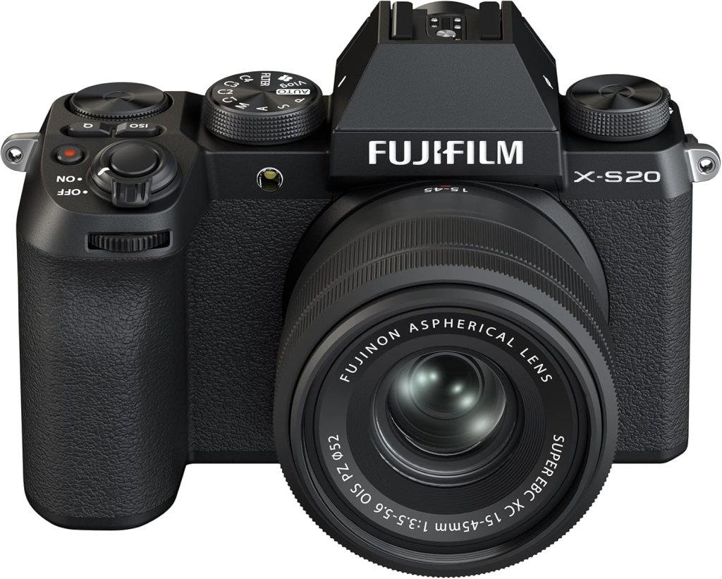 Fujifilm X-S20 mirrorless camera with a 15-45mm lens and textured grip, showcasing top buttons and dials.