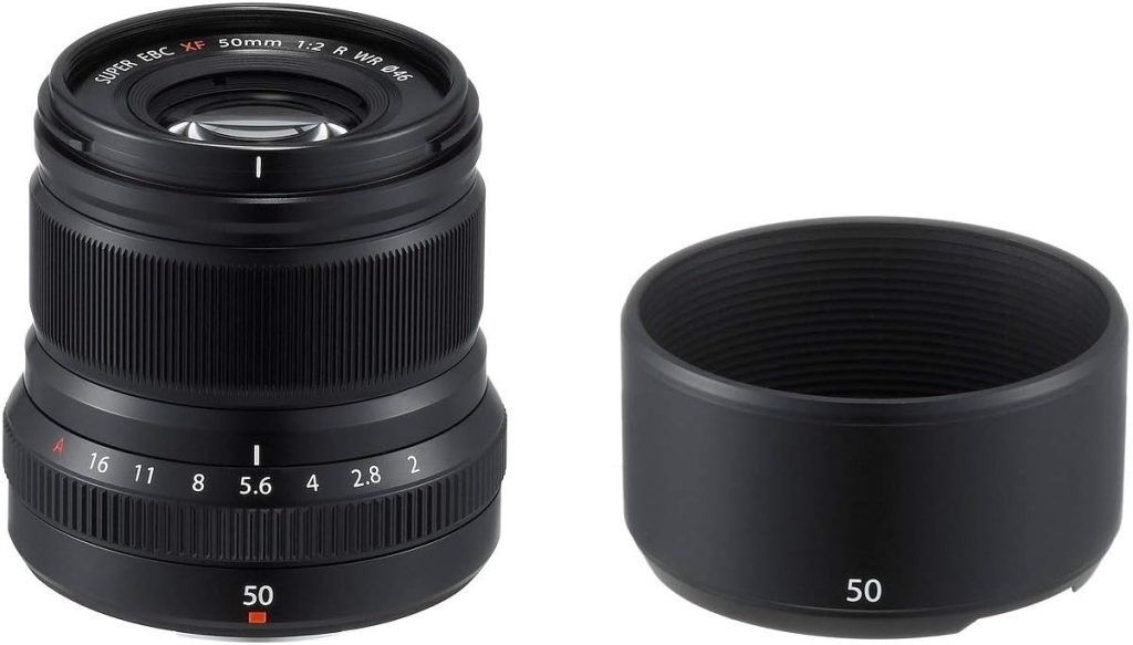 Fujifilm XF 50mm f/2 R WR lens with lens hood, showcasing a compact and weather-sealed design suitable for portrait photography.