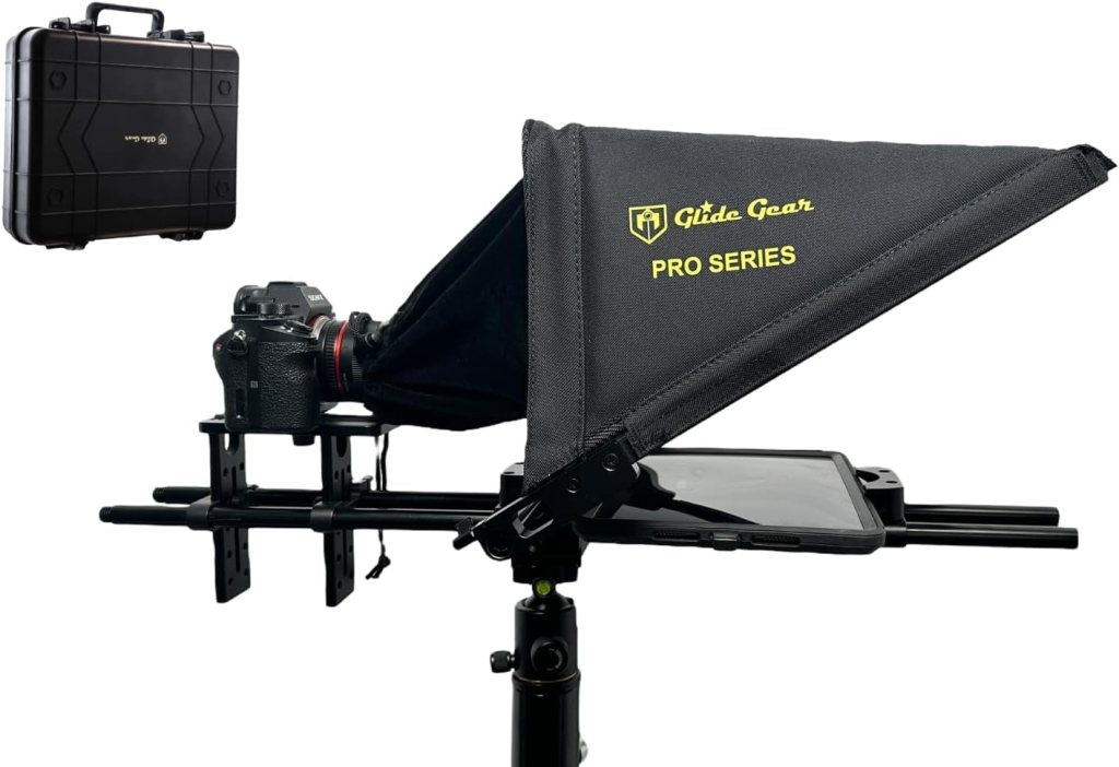 A Glide Gear TMP 750 teleprompter setup with a DSLR camera, featuring a collapsible design for tablet mounting, accompanied by a black carrying case.