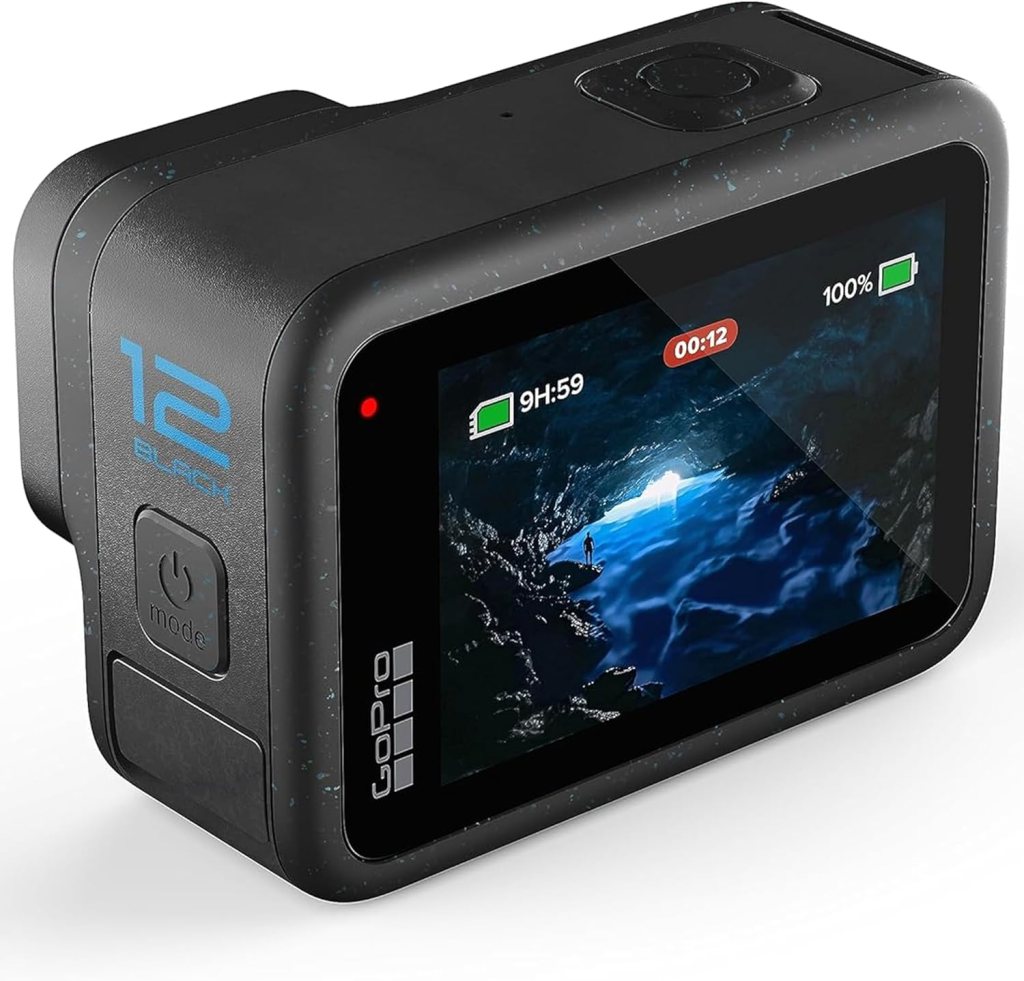 Close-up of a GoPro HERO12 camera showing its display screen with a recording timer and battery status.