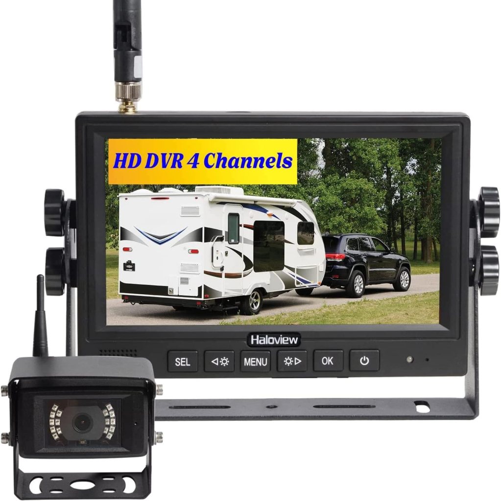 Haloview MC7108 backup camera system featuring a large monitor and wireless camera, designed for trailers and RVs.