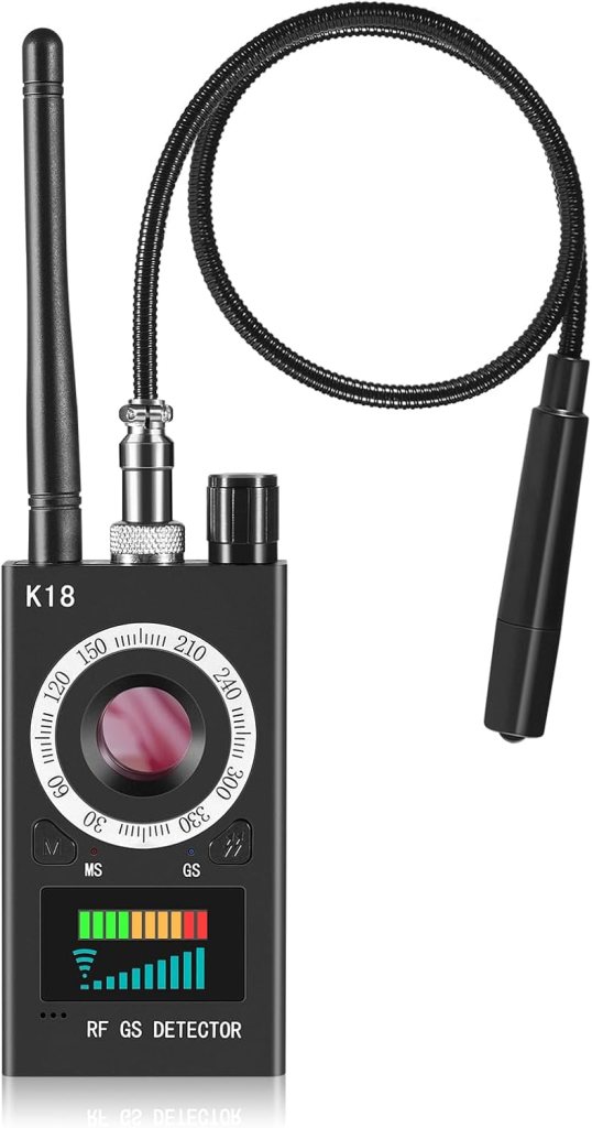A compact RF detector device with a display, sensitivity controls, and antenna, designed for detecting hidden cameras and transmitting devices.