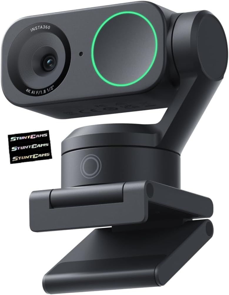 Insta360 Link 4K AI gimbal webcam with a sleek design and compact build, featuring a stabilization mechanism.