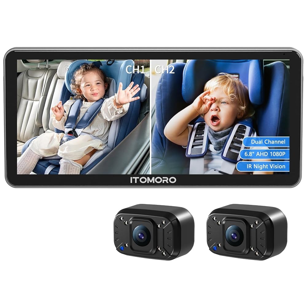 Dual-channel baby car camera system showing two children in car seats on a monitor, highlighting IR night vision and 6.8" AHD 1080P display.