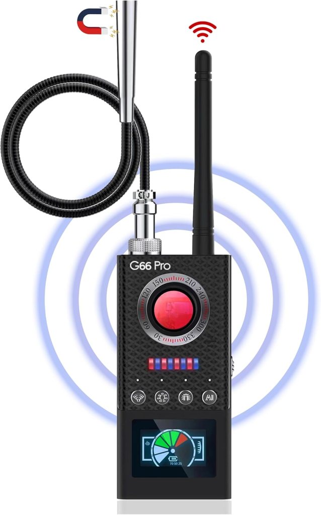 Image of the JAXTIN G66 Pro hidden camera detector featuring a compact design, a screen displaying sensitivity levels, and various detection modes, along with antennas and a circular magnetic probe.