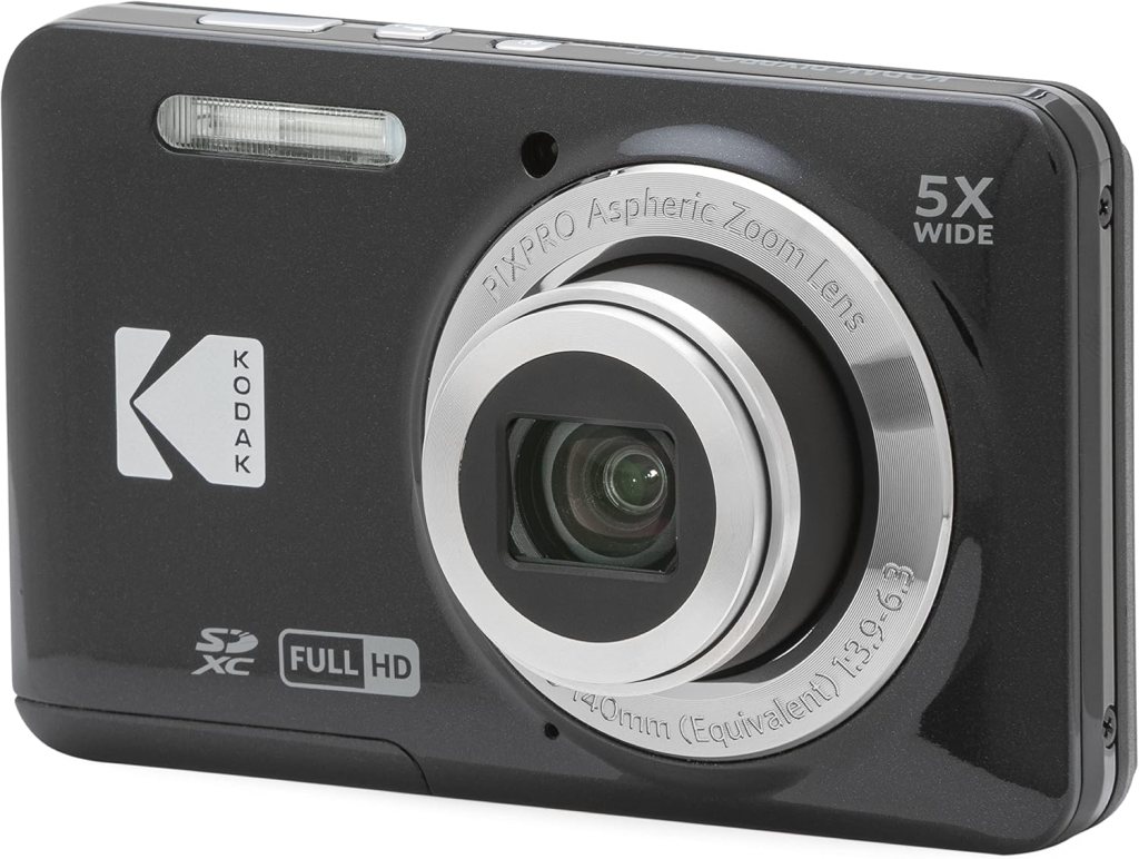 A black Kodak PIXPRO camera featuring a 5x wide zoom lens, designed for compact photography with a simple interface.