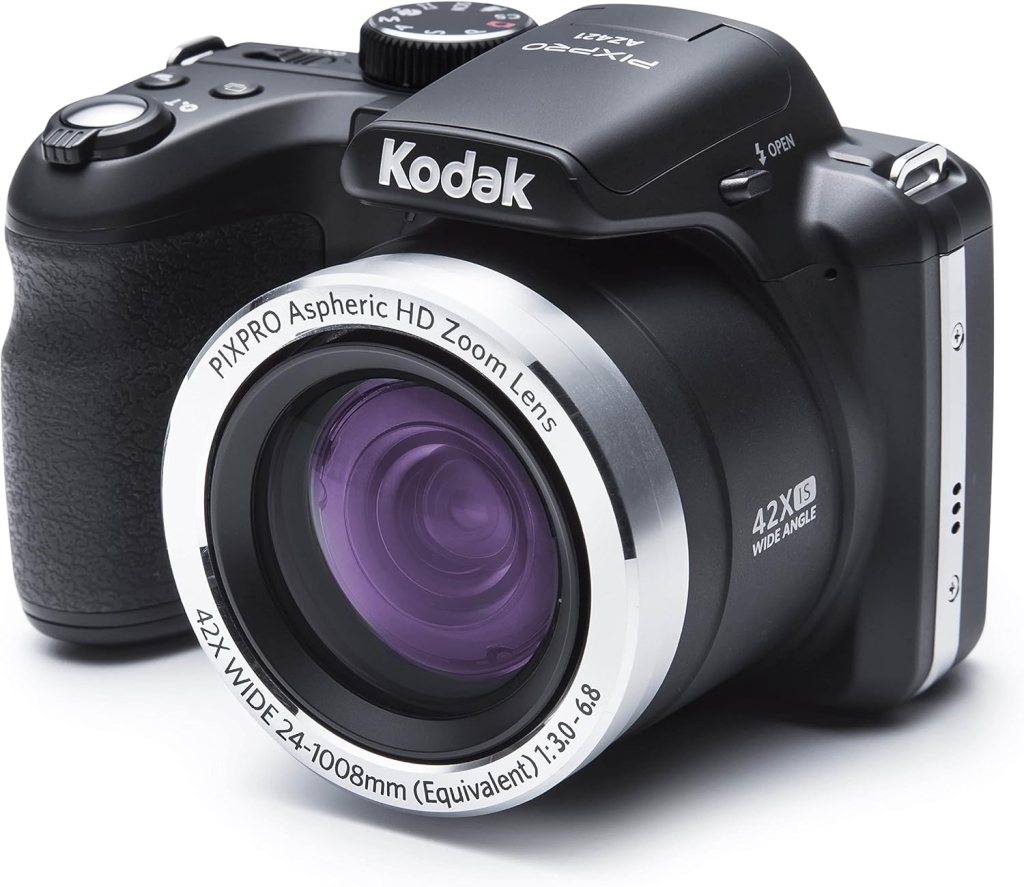 A close-up view of a Kodak PIXPRO AZ421 camera featuring a 42X zoom lens, showcasing its design and branding.