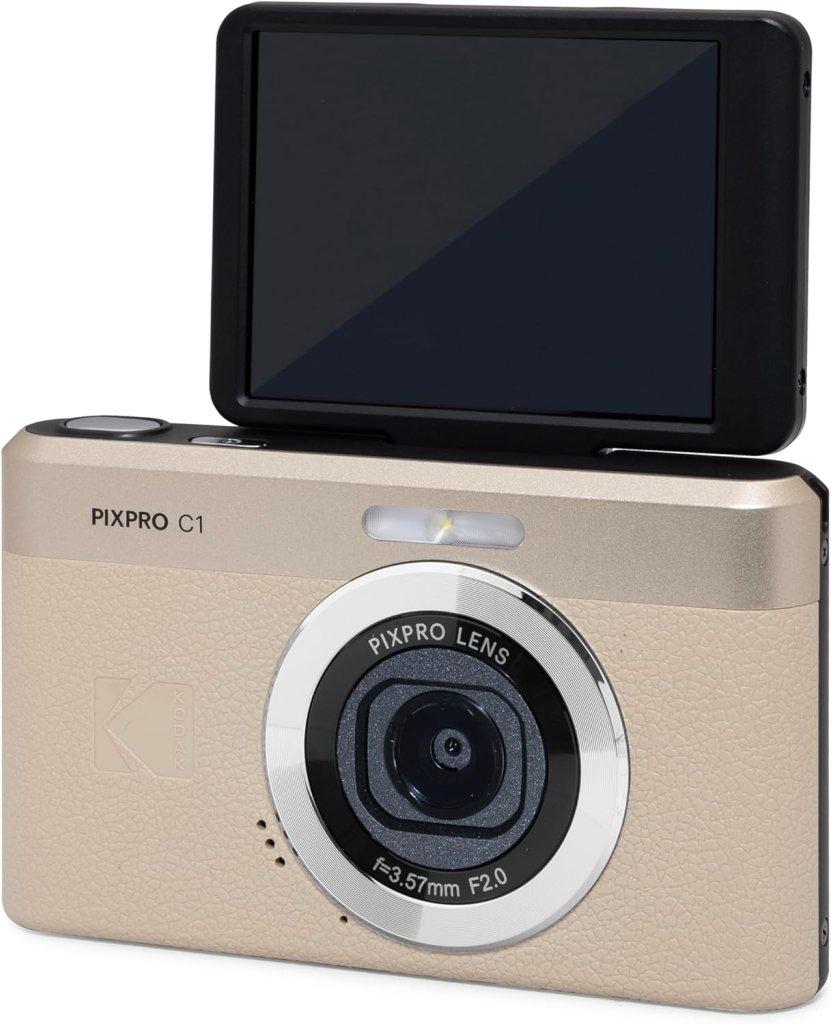 Kodak PIXPRO C1 compact camera with a flip-up screen, featuring a beige and silver design.