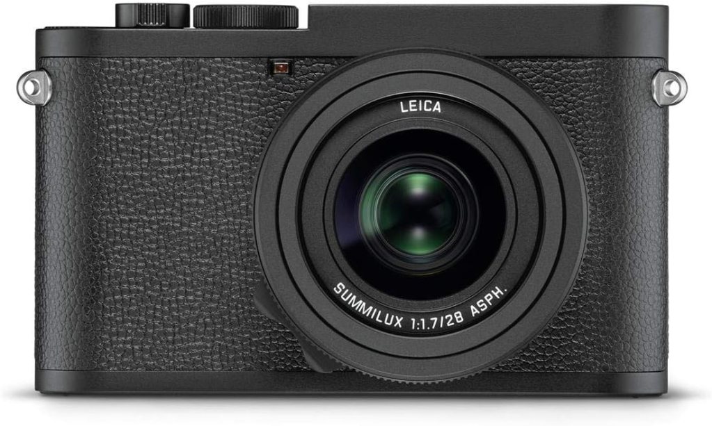 Front view of a Leica D-Lux 8 digital camera with a Summilux lens, showcasing its compact design and textured finish.