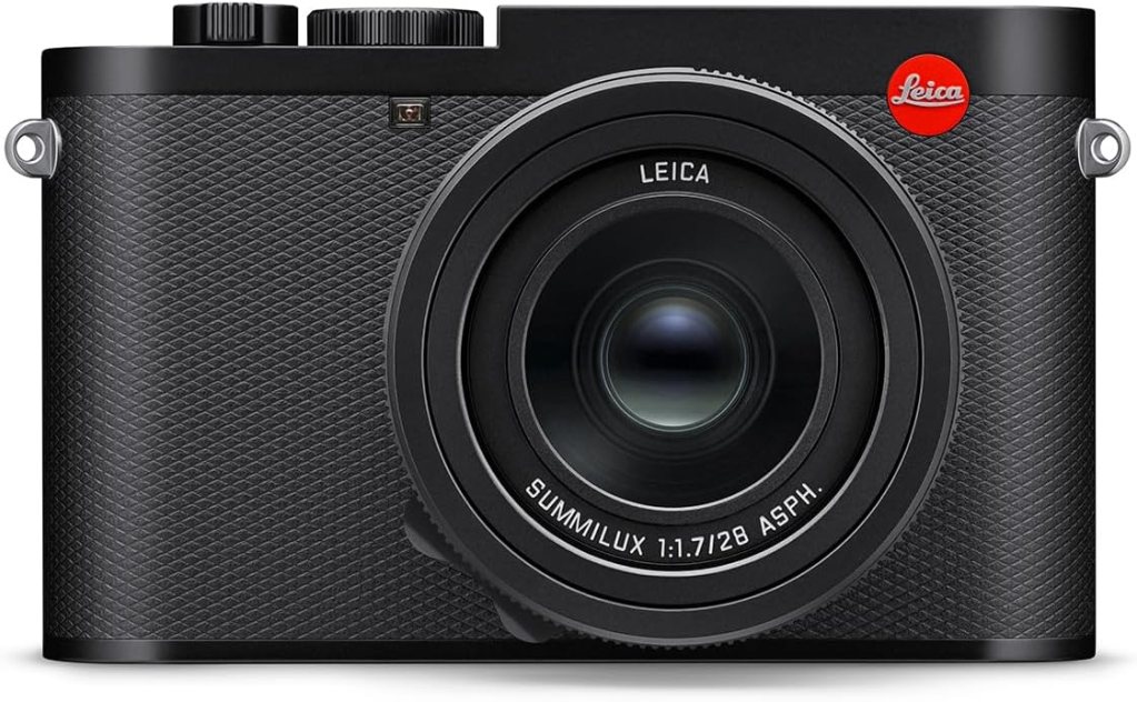 Front view of a Leica compact camera with a textured black body and a prominent lens marked 'SUMMILUX 1:1.7/28 ASPH.'