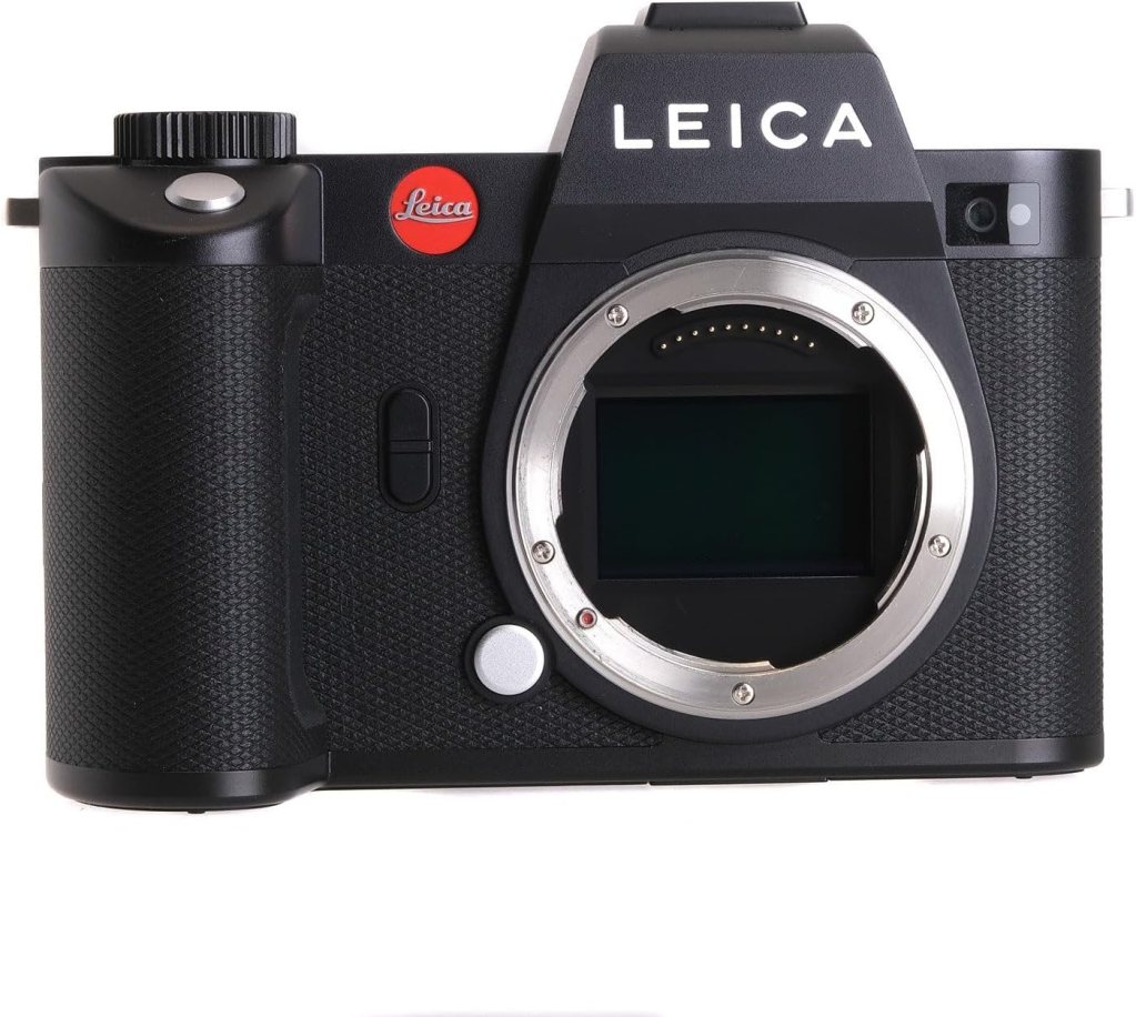 Front view of a Leica camera, showcasing its sleek design, textured grip, and prominent logo.