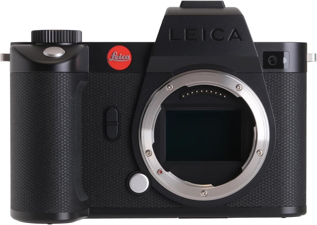 Front view of a Leica SL2-S camera showcasing its textured grip and the signature red Leica logo.