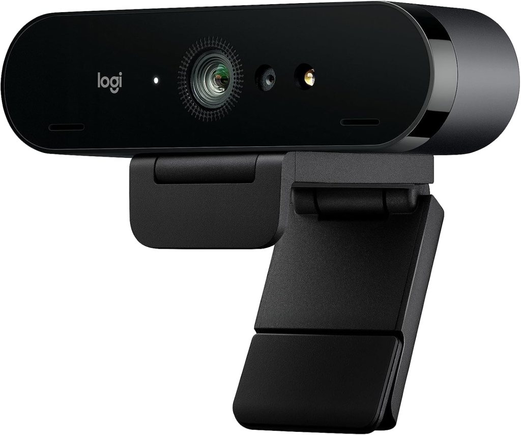 Close-up of the Logitech Brio 4K webcam, showcasing its sleek design and adjustable clip for easy mounting on monitors.