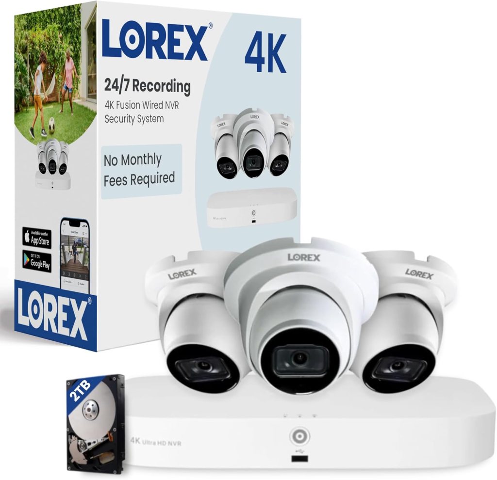 A Lorex 4K wired security camera system package featuring three dome cameras and a NVR with a 2TB hard drive, highlighting 24/7 recording and no monthly fees.