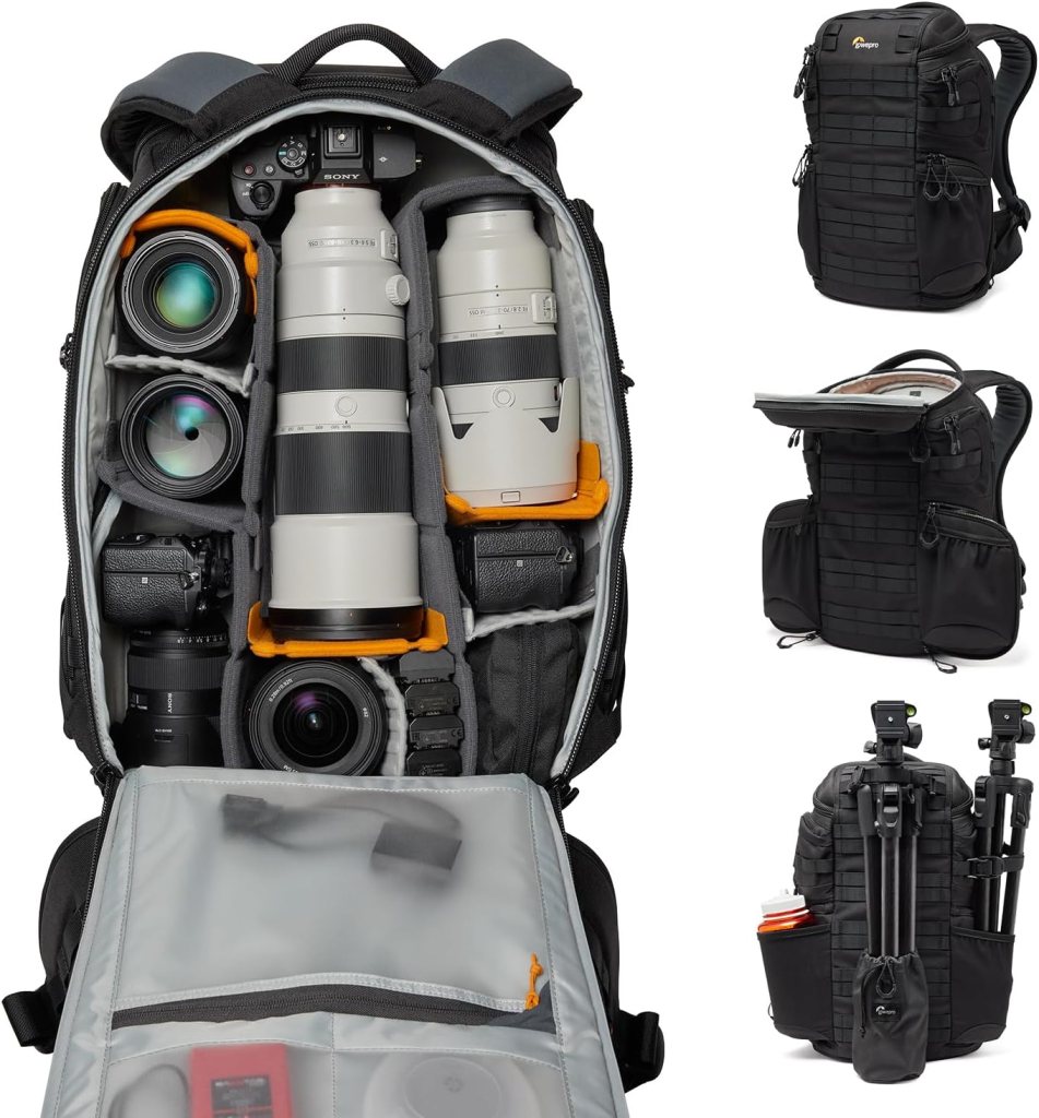 Close-up view of a camera backpack interior showcasing well-organized compartments for camera gear, including multiple lenses, a camera body, and accessories.