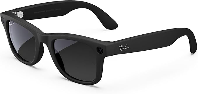 Ray-Ban Meta smart glasses with integrated camera, featuring a sleek black design and polarized lenses, ideal for hands-free video recording.