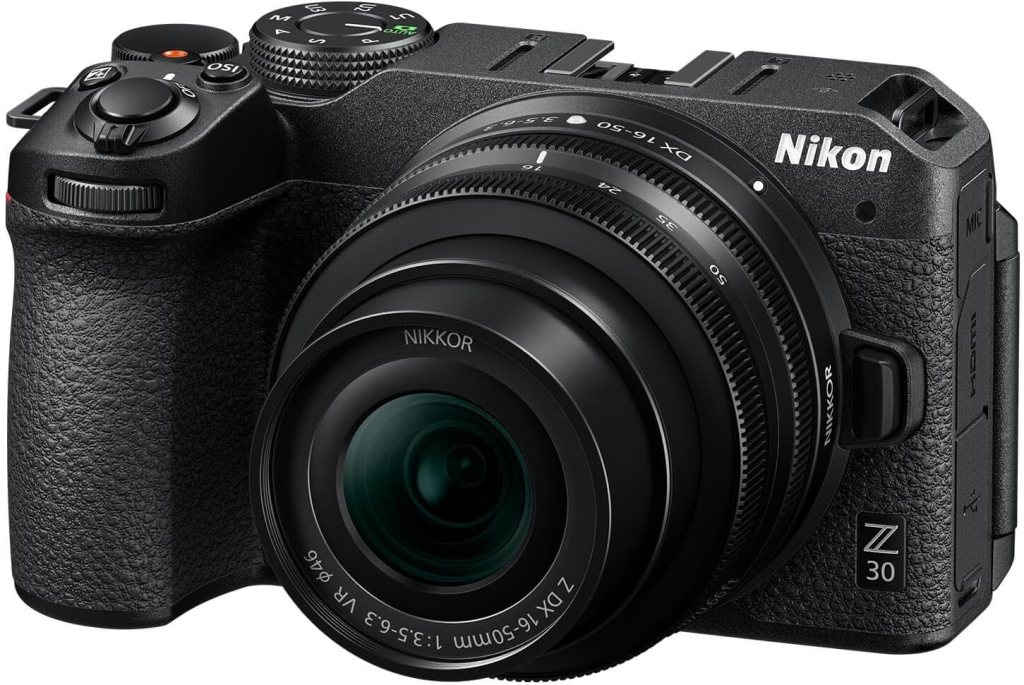 Nikon Z30 camera with a zoom lens, featuring a black body and various controls on the top.
