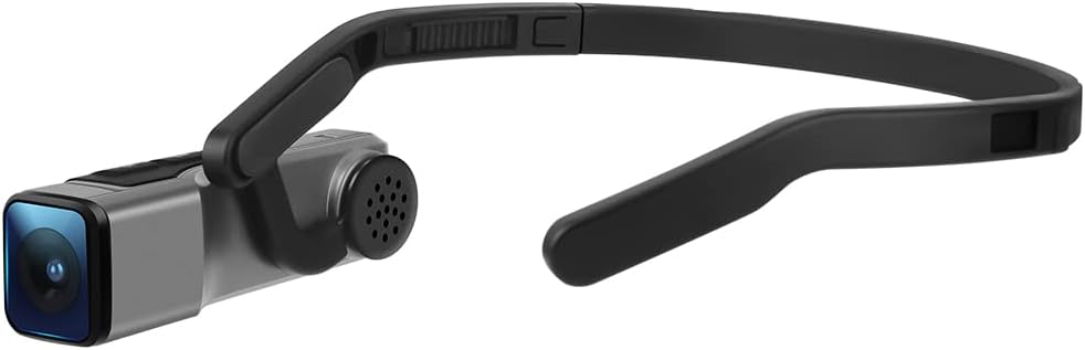 Close-up view of ORDRO EP7 head-mounted 4K camera glasses featuring a compact design, built-in recording, and a sleek black frame.