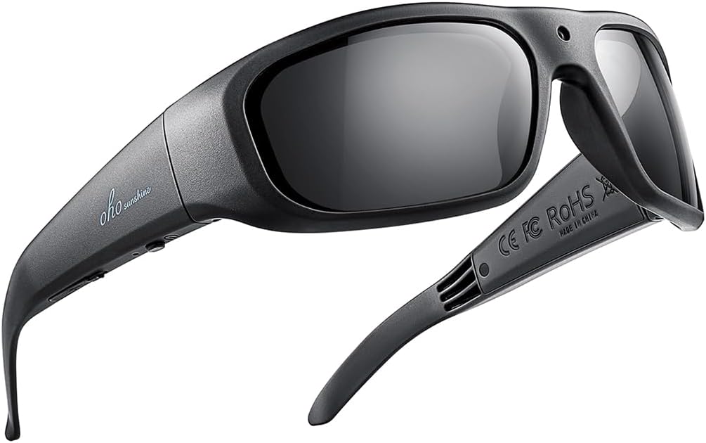 Sporty sunglasses with built-in 4K camera for recording, featuring a wide field of view and simple one-button controls.