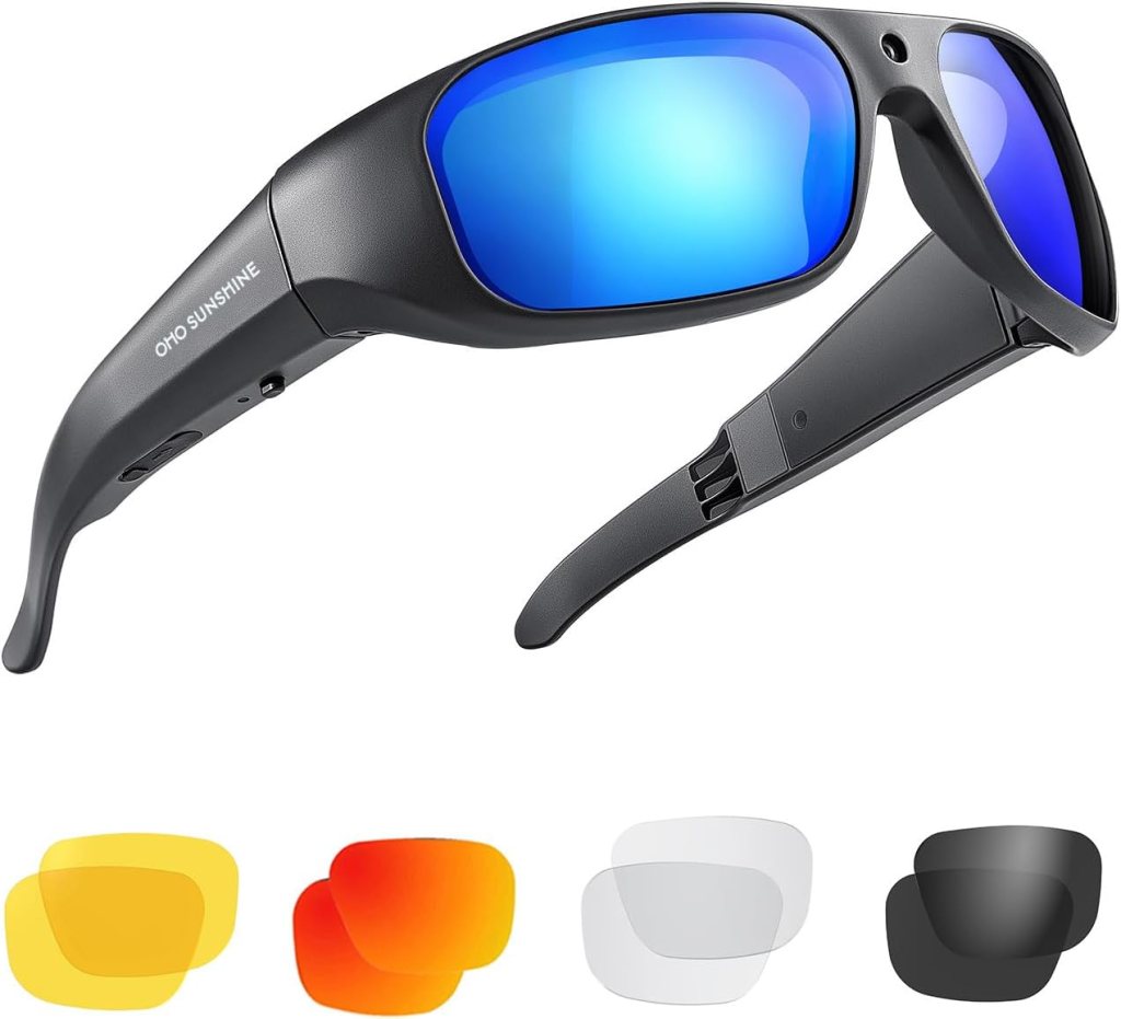 Black sporty camera glasses with blue lenses, featuring built-in recording capabilities and interchangeable lens options in yellow, orange, clear, and dark shades.