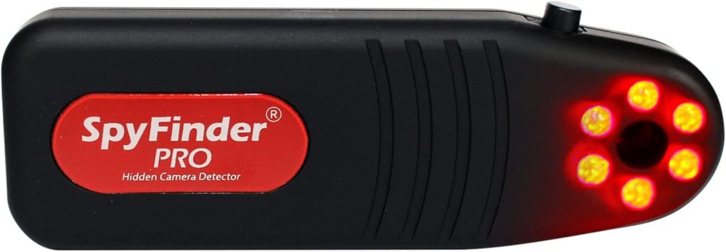 A SpyFinder PRO hidden camera detector, featuring a red logo and multiple LED lights, designed to help locate hidden cameras in various environments.