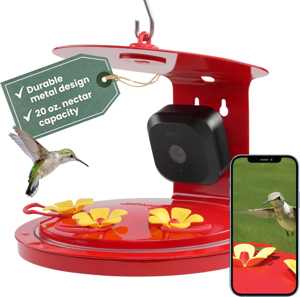 Smart hummingbird feeder with built-in camera, featuring flower-shaped ports, a durable red design, and a smartphone connection for real-time viewing.